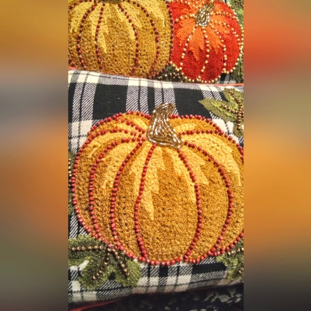 Harvest Pumpkin Plaid Accent Pillow Set Of 2 - Orange and Yellow - Picture 3 of 5